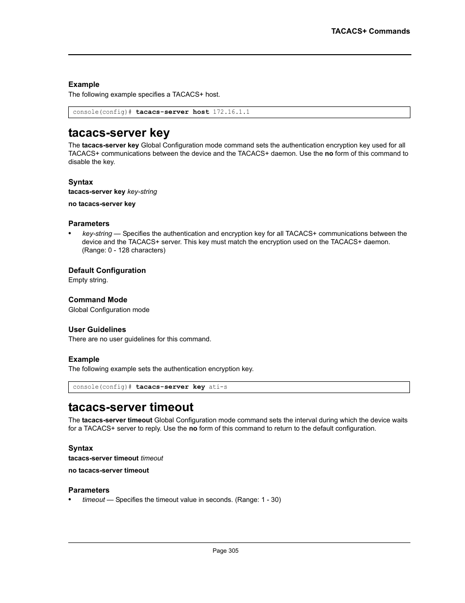 Tacacs-server key, Tacacs-server timeout, Tacacs-server key tacacs-server timeout | Allied Telesis AT-S95 CLI User Manual | Page 305 / 392