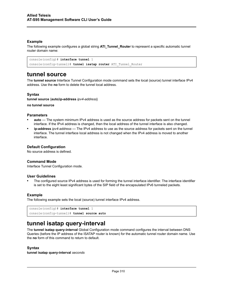 Tunnel source, Tunnel isatap query-interval, Tunnel source tunnel isatap query-interval | Allied Telesis AT-S95 CLI User Manual | Page 310 / 392