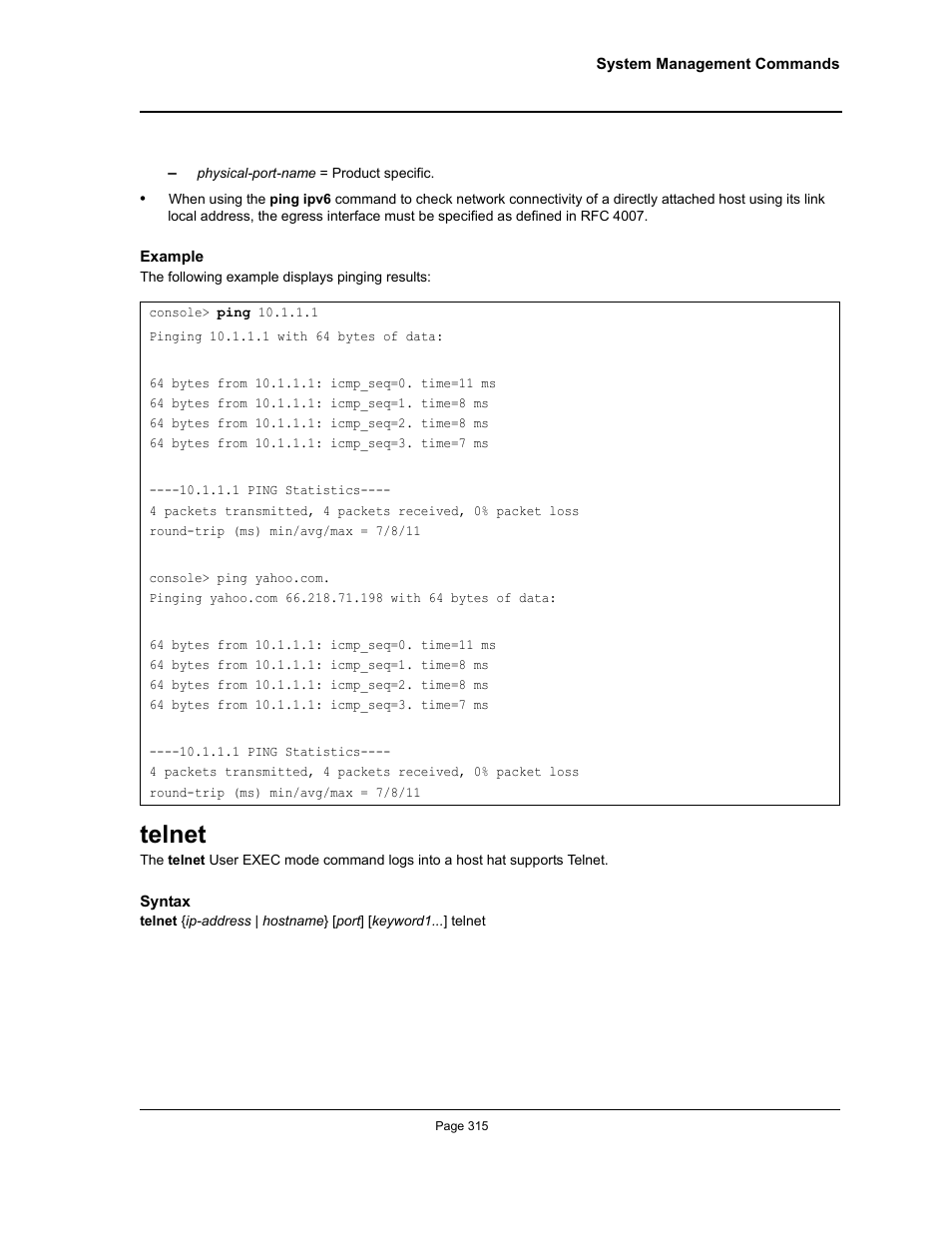 Telnet | Allied Telesis AT-S95 CLI User Manual | Page 315 / 392
