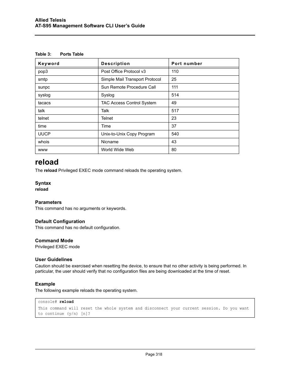 Reload | Allied Telesis AT-S95 CLI User Manual | Page 318 / 392