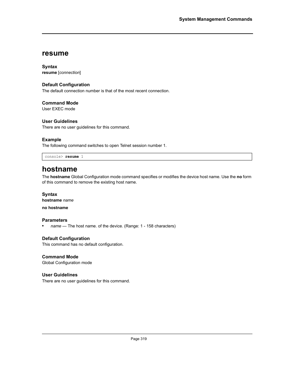 Resume, Hostname, Resume hostname | Allied Telesis AT-S95 CLI User Manual | Page 319 / 392