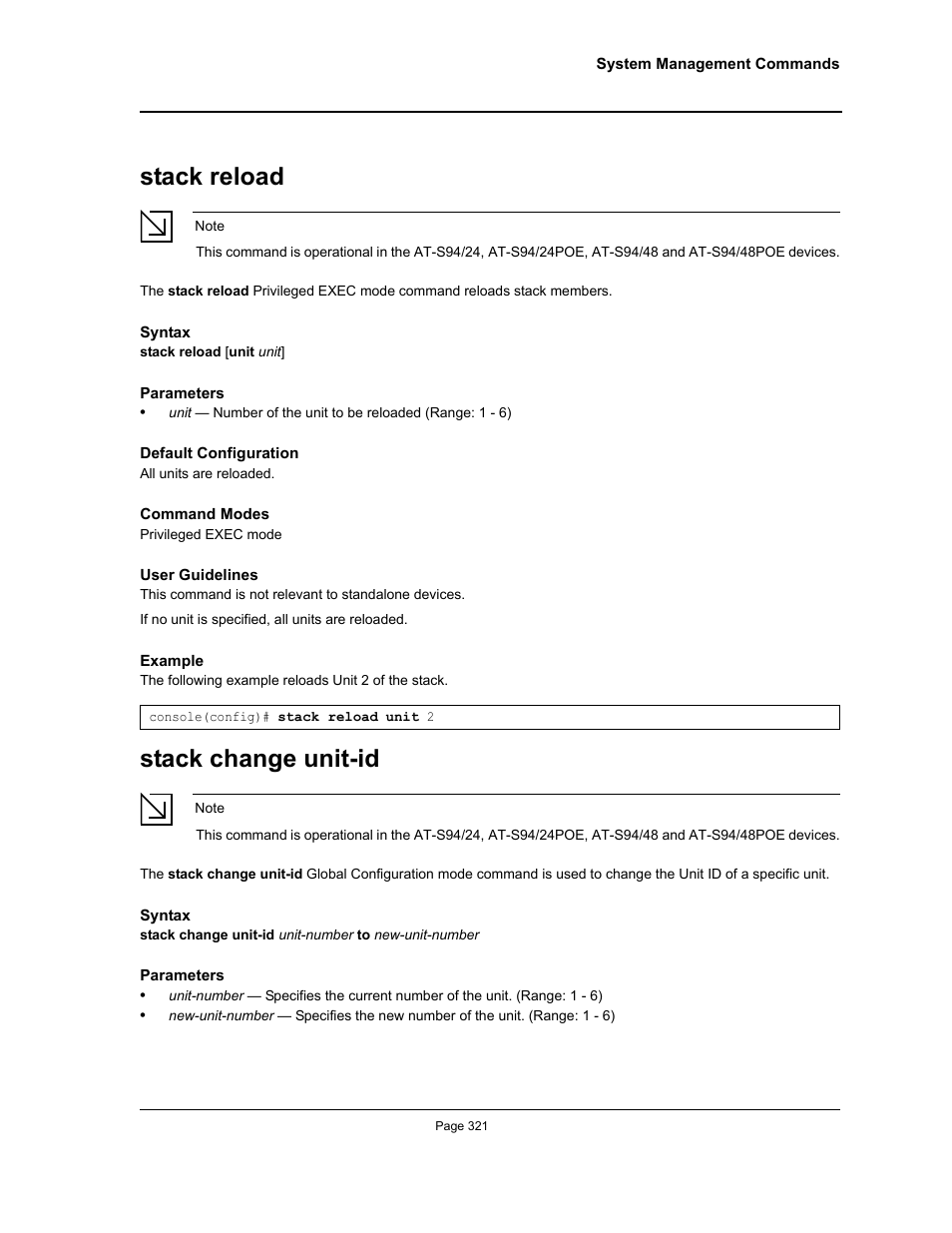 Stack reload, Stack change unit-id, Stack reload stack change unit-id | Allied Telesis AT-S95 CLI User Manual | Page 321 / 392