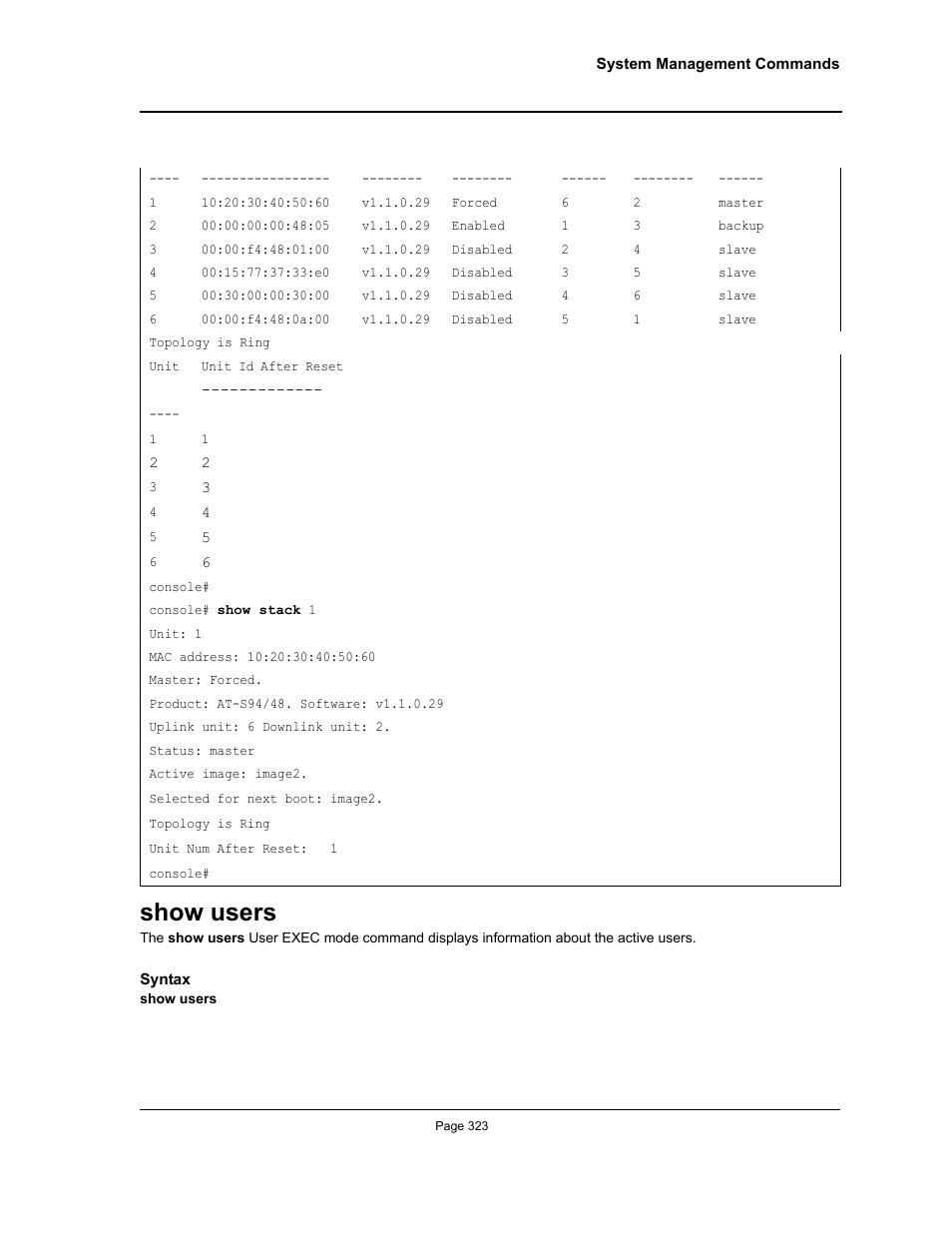 Show users | Allied Telesis AT-S95 CLI User Manual | Page 323 / 392