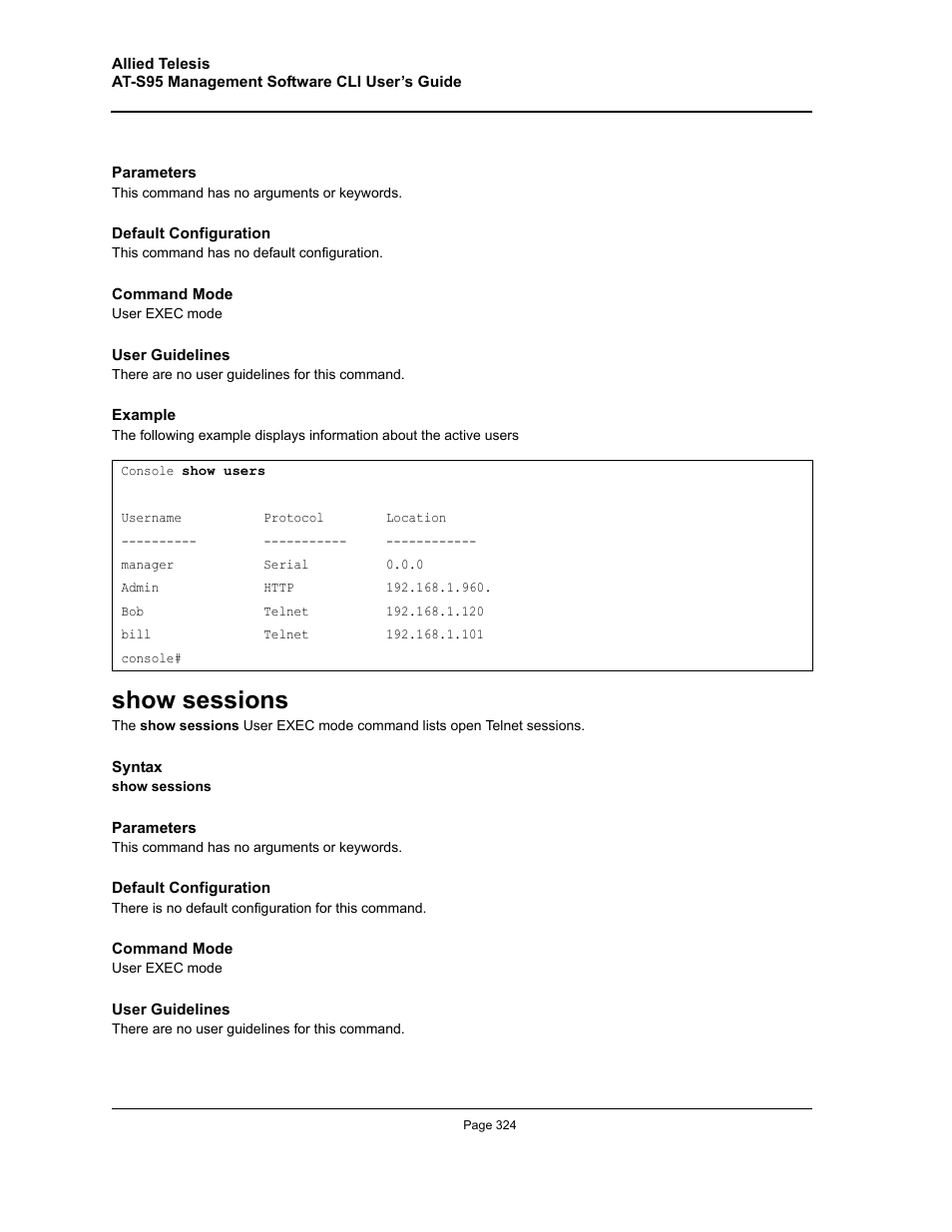 Show sessions | Allied Telesis AT-S95 CLI User Manual | Page 324 / 392