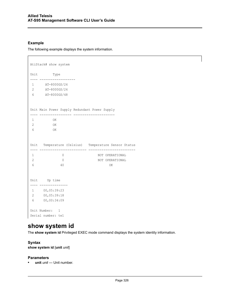 Show system id | Allied Telesis AT-S95 CLI User Manual | Page 326 / 392