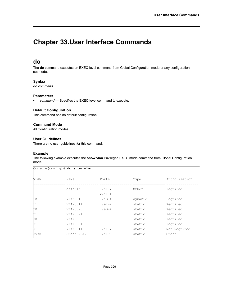 Chapter 33. user interface commands, Chapter 33.user interface commands, Chapter 33. "user interface commands | Allied Telesis AT-S95 CLI User Manual | Page 329 / 392