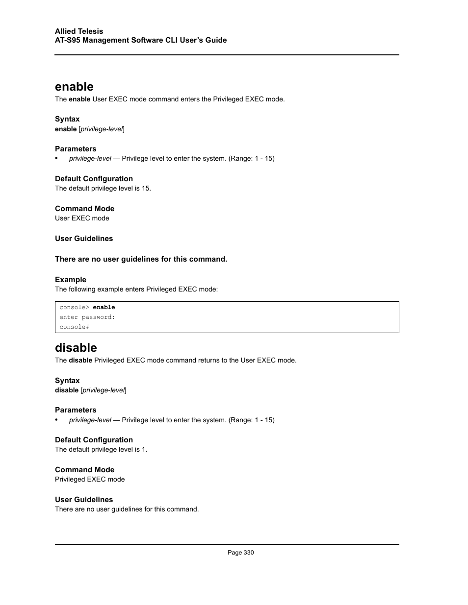 Enable, Disable, Enable disable | Allied Telesis AT-S95 CLI User Manual | Page 330 / 392