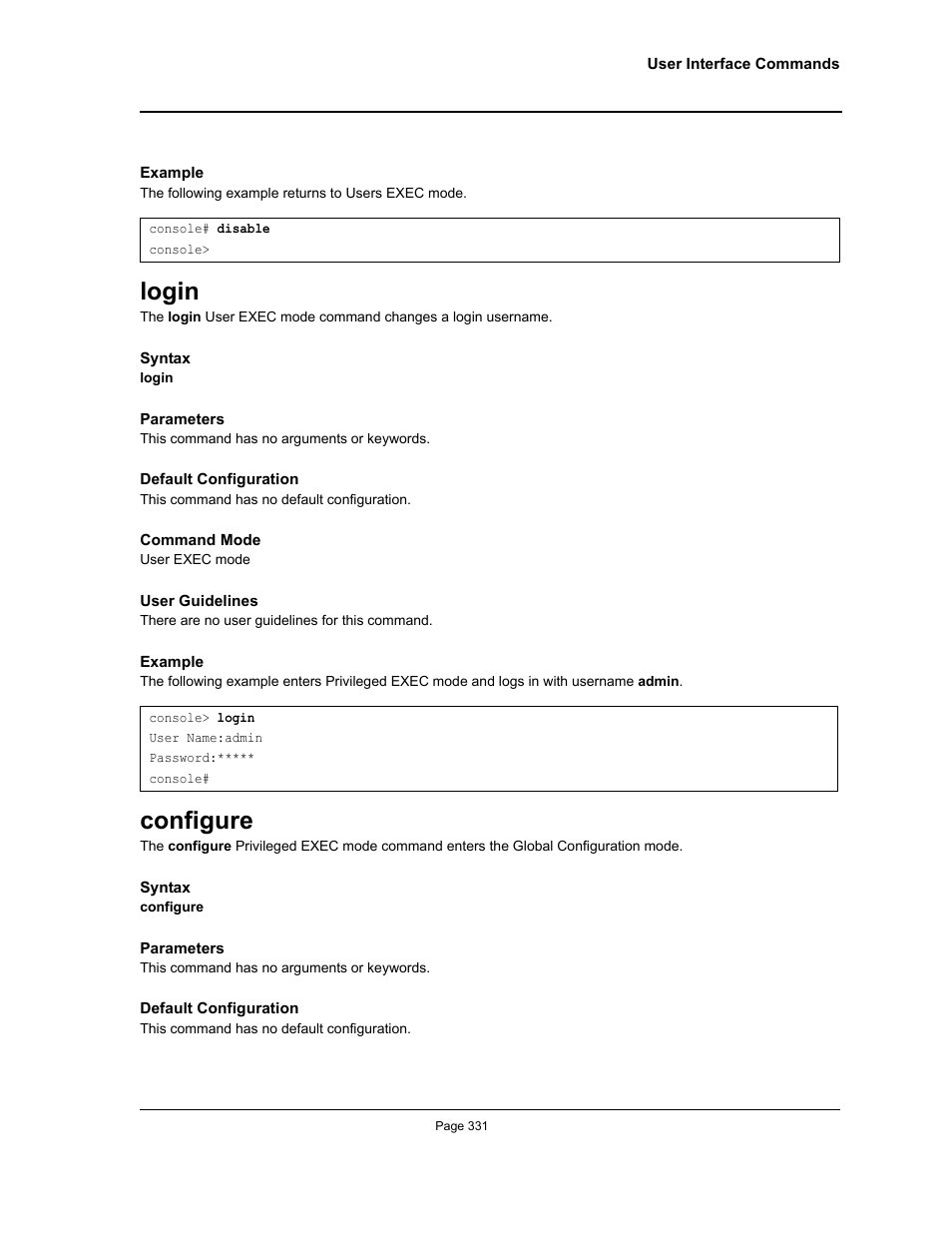 Login, Configure, Login configure | Allied Telesis AT-S95 CLI User Manual | Page 331 / 392