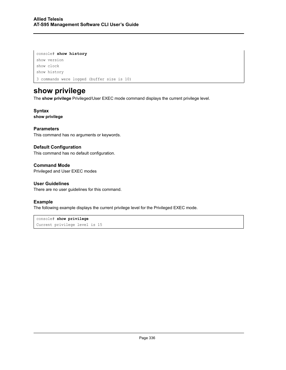 Show privilege | Allied Telesis AT-S95 CLI User Manual | Page 336 / 392