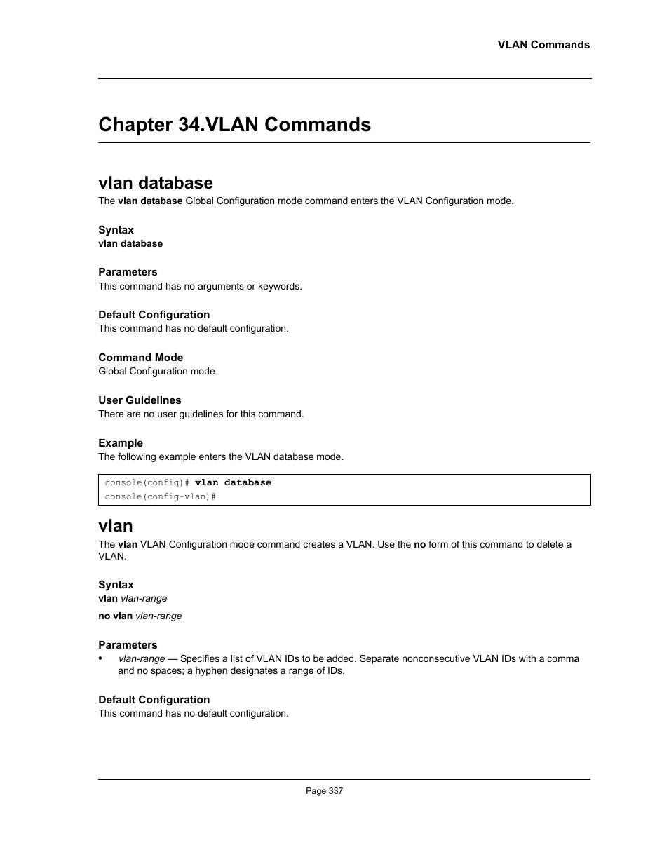 Chapter 34. vlan commands, Vlan database, Vlan | Chapter 34.vlan commands, Vlan database vlan, Chapter 34. "vlan commands" — enter th | Allied Telesis AT-S95 CLI User Manual | Page 337 / 392