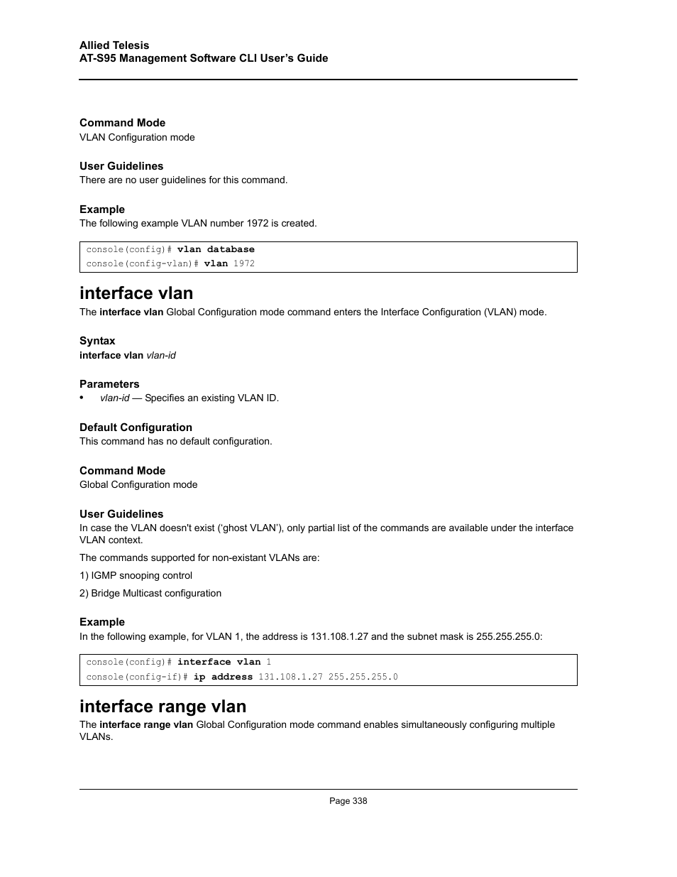 Interface vlan, Interface range vlan, Interface vlan interface range vlan | Allied Telesis AT-S95 CLI User Manual | Page 338 / 392