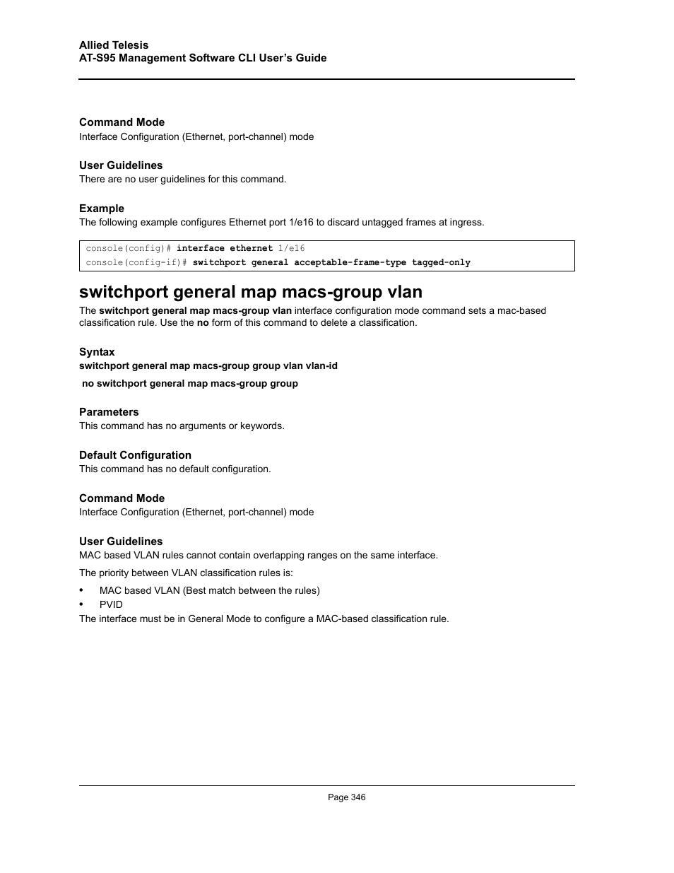 Switchport general map macs-group vlan | Allied Telesis AT-S95 CLI User Manual | Page 346 / 392