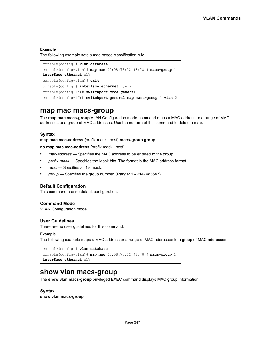 Map mac macs-group, Show vlan macs-group, Map mac macs-group show vlan macs-group | Allied Telesis AT-S95 CLI User Manual | Page 347 / 392