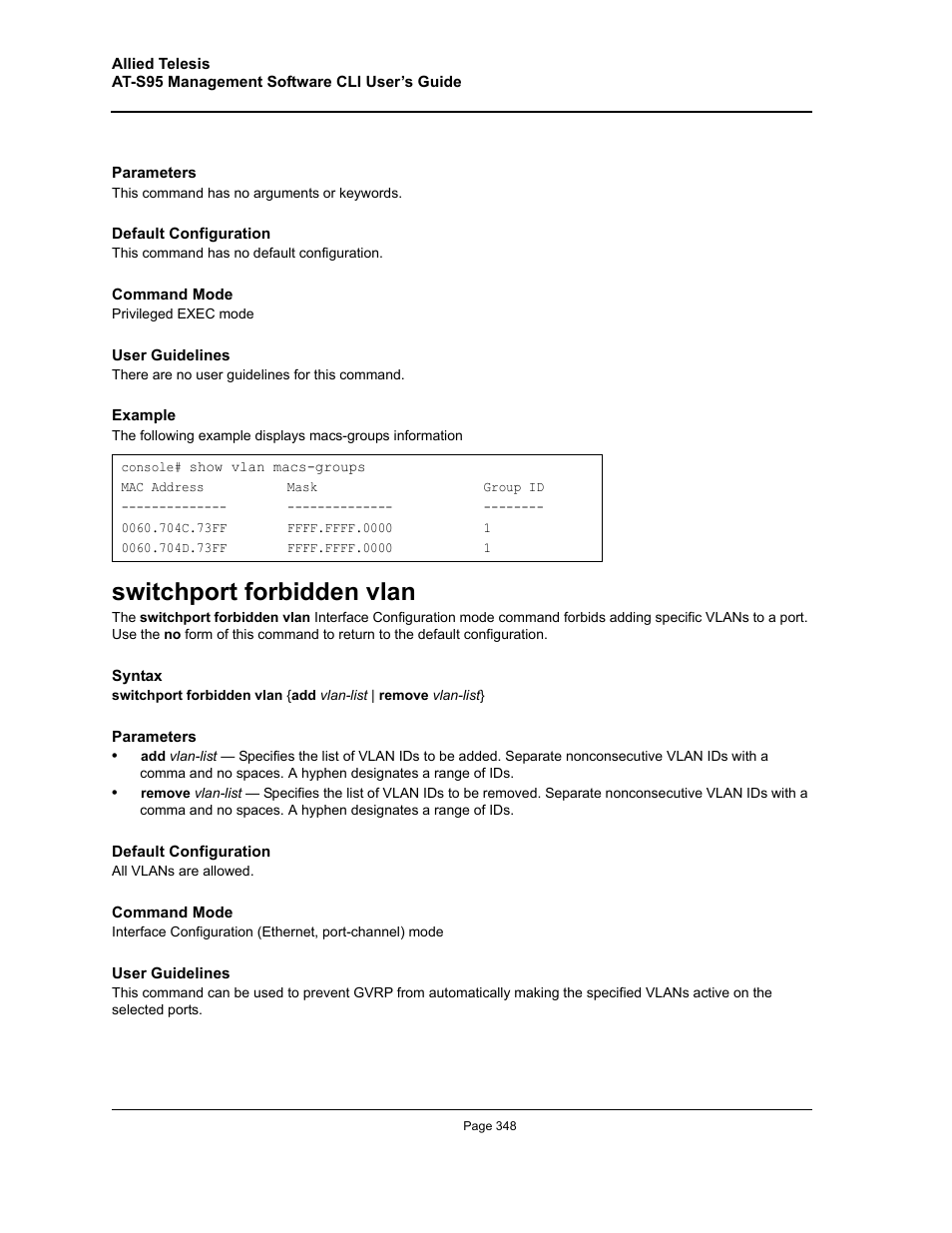 Switchport forbidden vlan | Allied Telesis AT-S95 CLI User Manual | Page 348 / 392