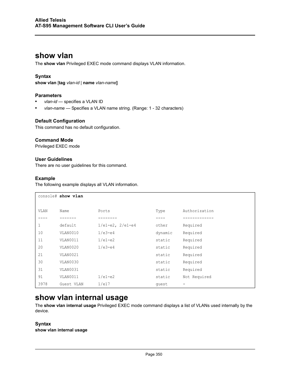 Show vlan, Show vlan internal usage, Show vlan show vlan internal usage | Allied Telesis AT-S95 CLI User Manual | Page 350 / 392