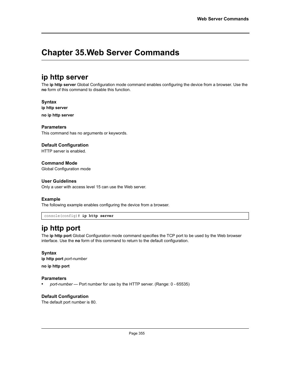 Chapter 35. web server commands, Ip http server, Ip http port | Chapter 35.web server commands, Ip http server ip http port, Chapter 35. "web server commands" — enabl | Allied Telesis AT-S95 CLI User Manual | Page 355 / 392