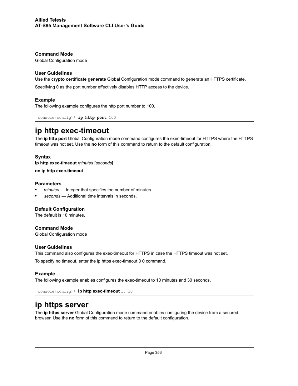 Ip http exec-timeout, Ip https server, Ip http exec-timeout ip https server | Allied Telesis AT-S95 CLI User Manual | Page 356 / 392