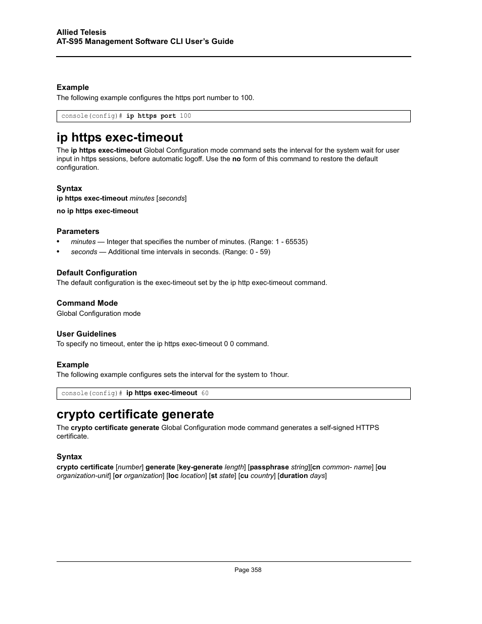 Ip https exec-timeout, Crypto certificate generate, Ip https exec-timeout crypto certificate generate | Allied Telesis AT-S95 CLI User Manual | Page 358 / 392