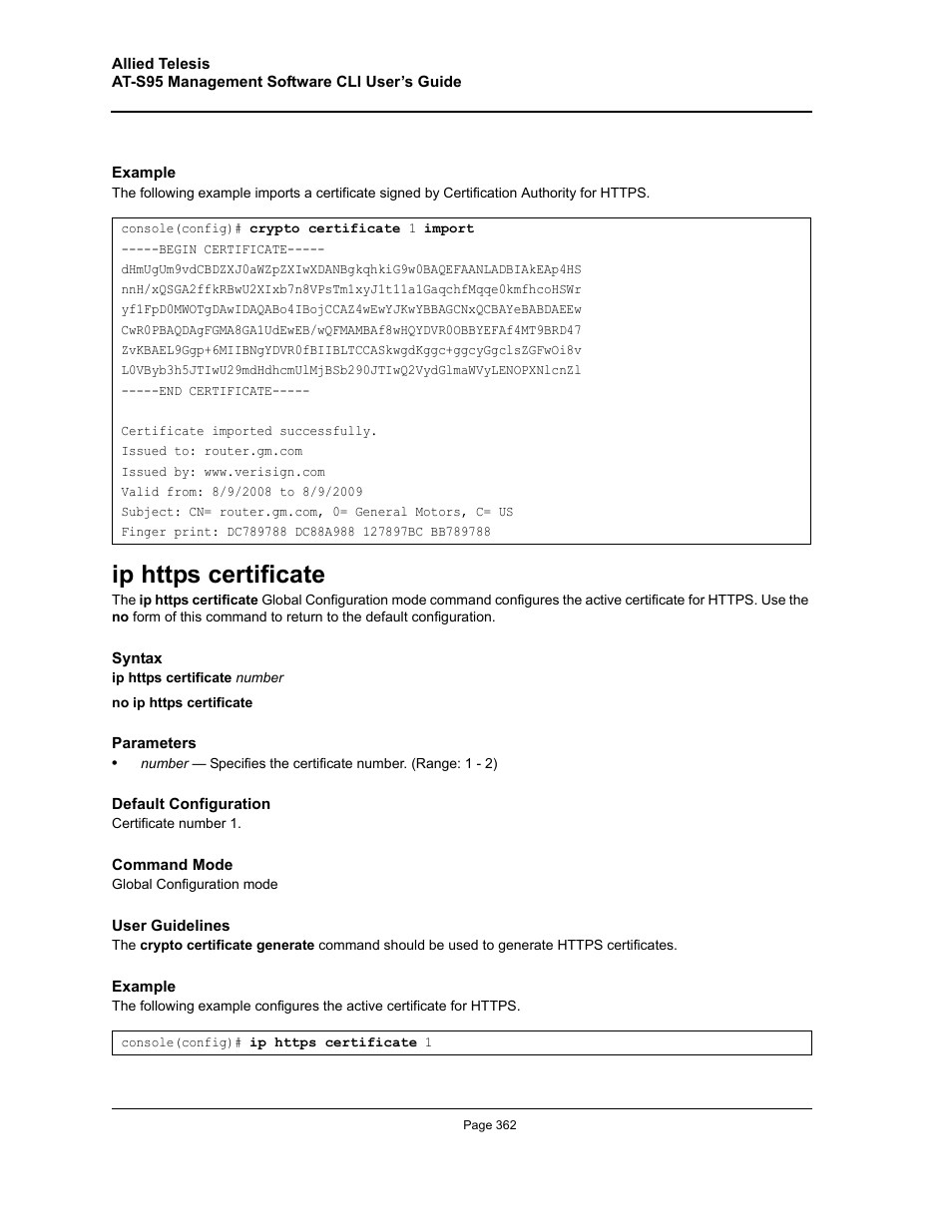 Ip https certificate | Allied Telesis AT-S95 CLI User Manual | Page 362 / 392