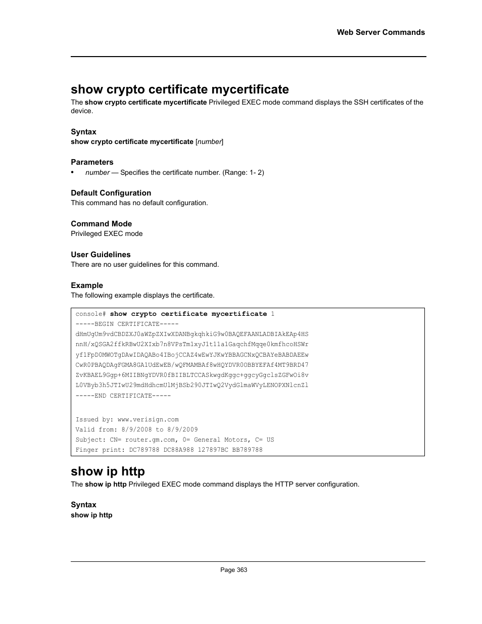 Show crypto certificate mycertificate, Show ip http, Show crypto certificate mycertificate show ip http | Allied Telesis AT-S95 CLI User Manual | Page 363 / 392