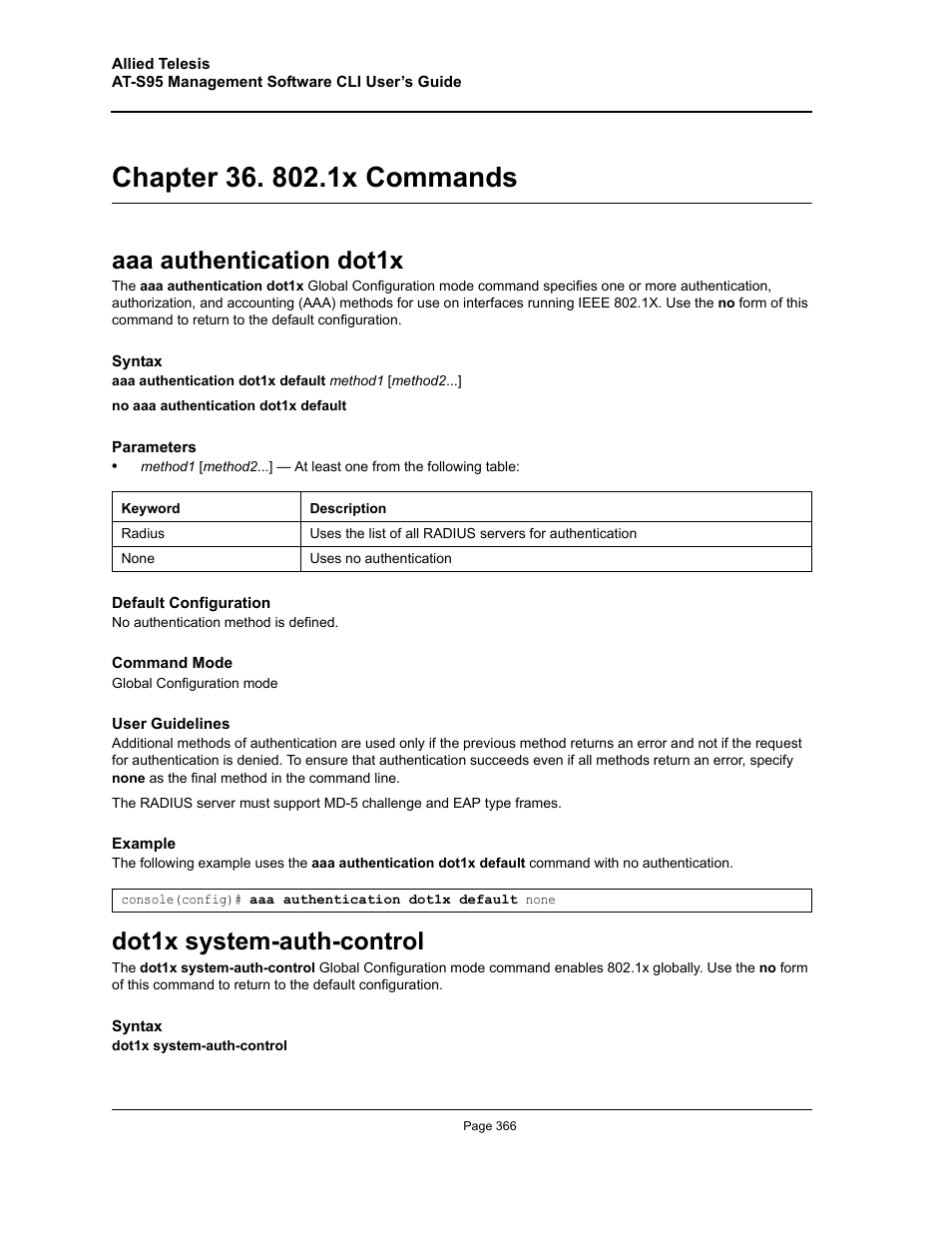 Chapter 36. 802.1x commands, Aaa authentication dot1x, Dot1x system-auth-control | Chapter 36. 802, Aaa authentication dot1x dot1x system-auth-control, Chapter 36. "802.1x commands | Allied Telesis AT-S95 CLI User Manual | Page 366 / 392