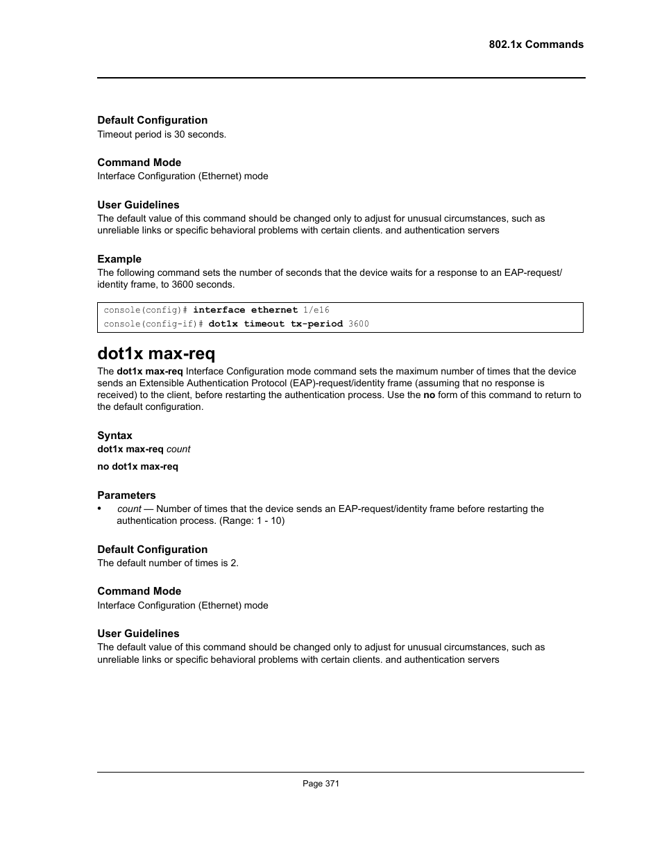 Dot1x max-req | Allied Telesis AT-S95 CLI User Manual | Page 371 / 392