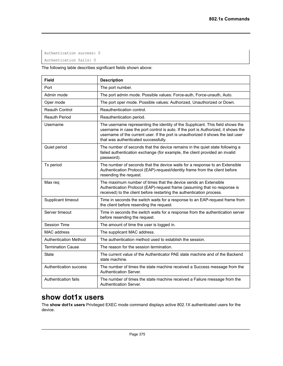 Show dot1x users | Allied Telesis AT-S95 CLI User Manual | Page 375 / 392