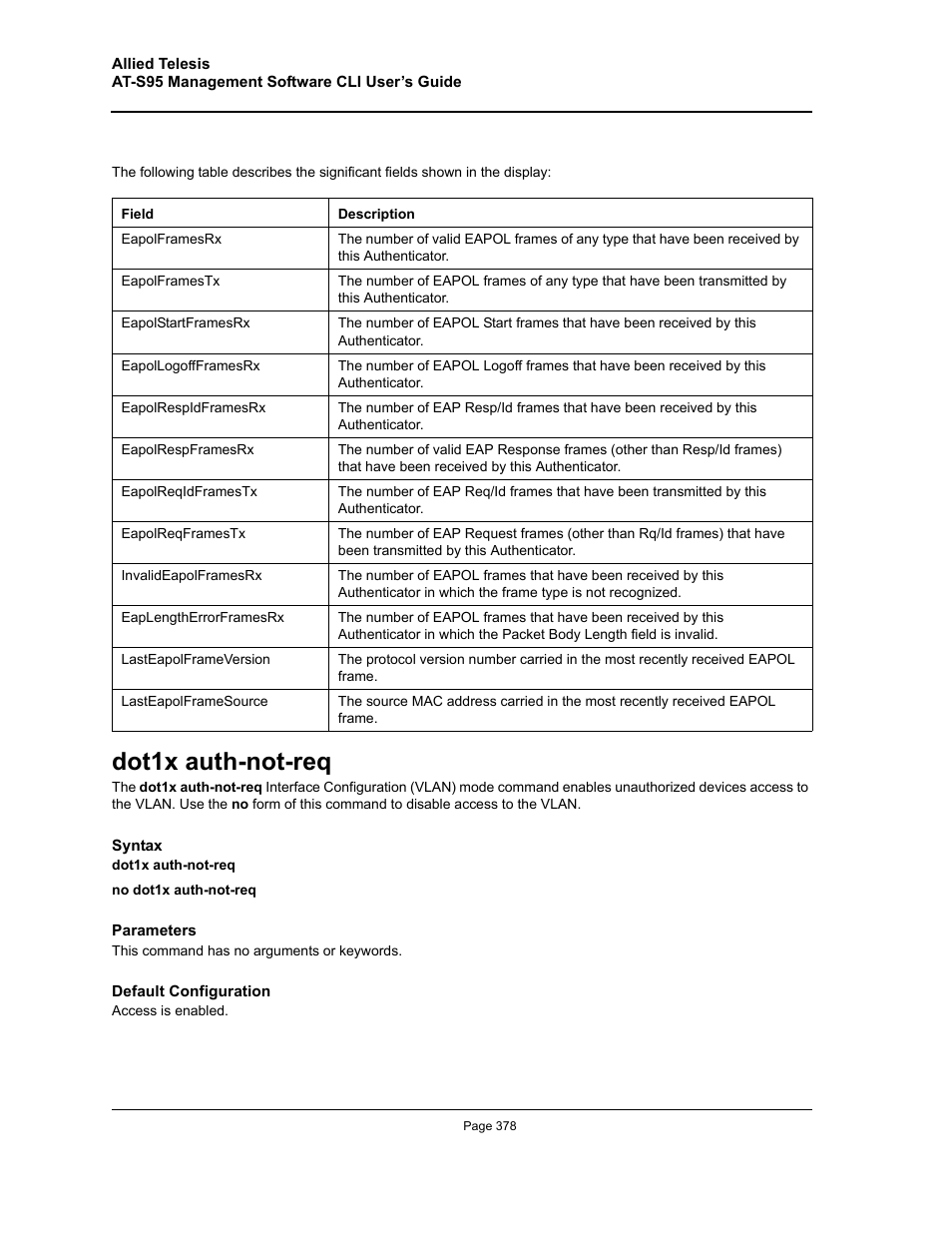 Dot1x auth-not-req | Allied Telesis AT-S95 CLI User Manual | Page 378 / 392