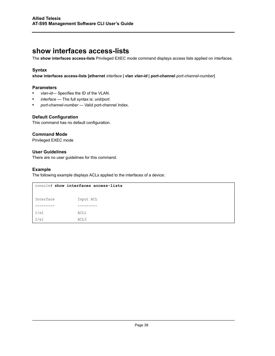 Show interfaces access-lists | Allied Telesis AT-S95 CLI User Manual | Page 38 / 392
