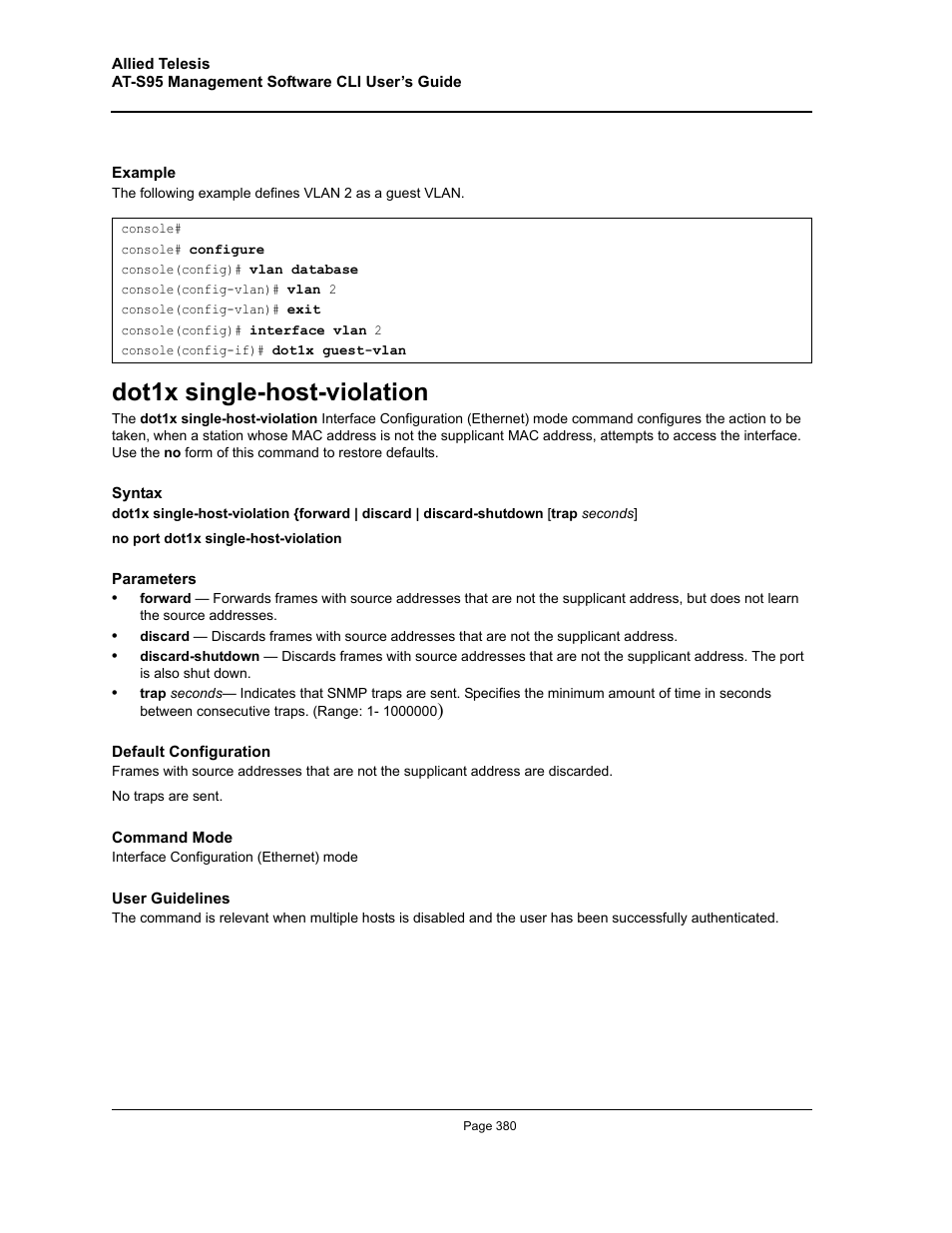 Dot1x single-host-violation | Allied Telesis AT-S95 CLI User Manual | Page 380 / 392