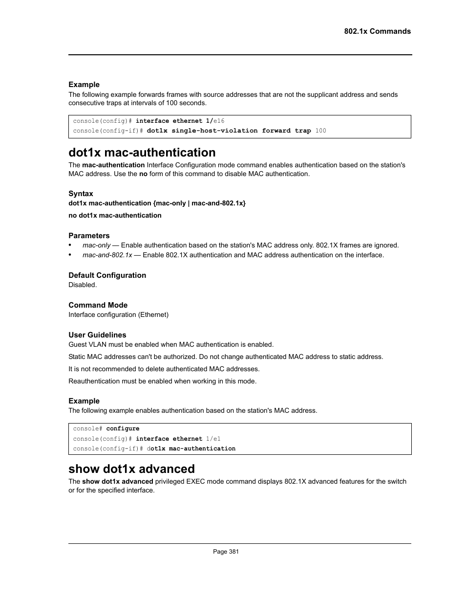 Dot1x mac-authentication, Show dot1x advanced, Dot1x mac-authentication show dot1x advanced | Allied Telesis AT-S95 CLI User Manual | Page 381 / 392