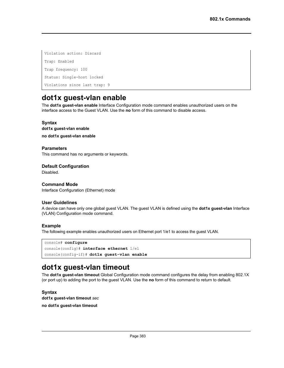Dot1x guest-vlan enable, Dot1x guest-vlan timeout, Dot1x guest-vlan enable dot1x guest-vlan timeout | Allied Telesis AT-S95 CLI User Manual | Page 383 / 392