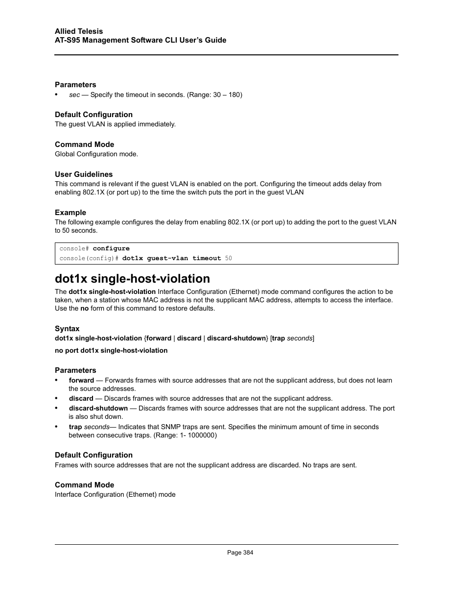 Dot1x single-host-violation | Allied Telesis AT-S95 CLI User Manual | Page 384 / 392