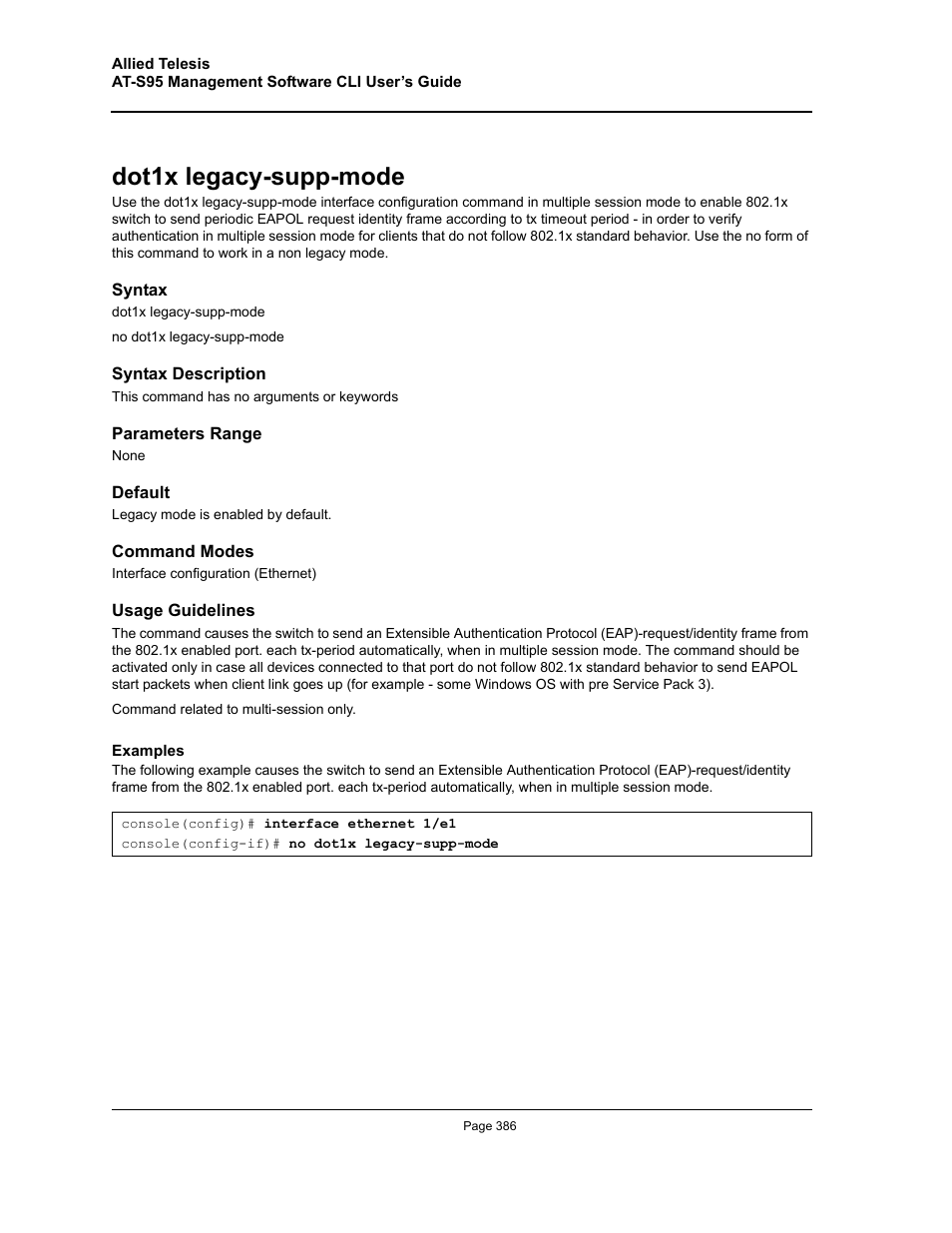 Dot1x legacy-supp-mode | Allied Telesis AT-S95 CLI User Manual | Page 386 / 392