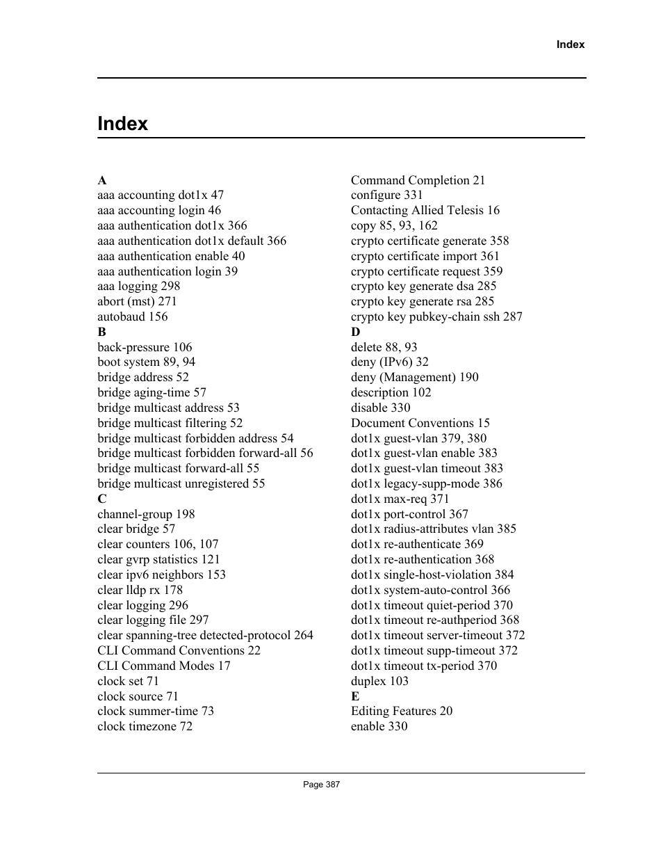 Index | Allied Telesis AT-S95 CLI User Manual | Page 387 / 392