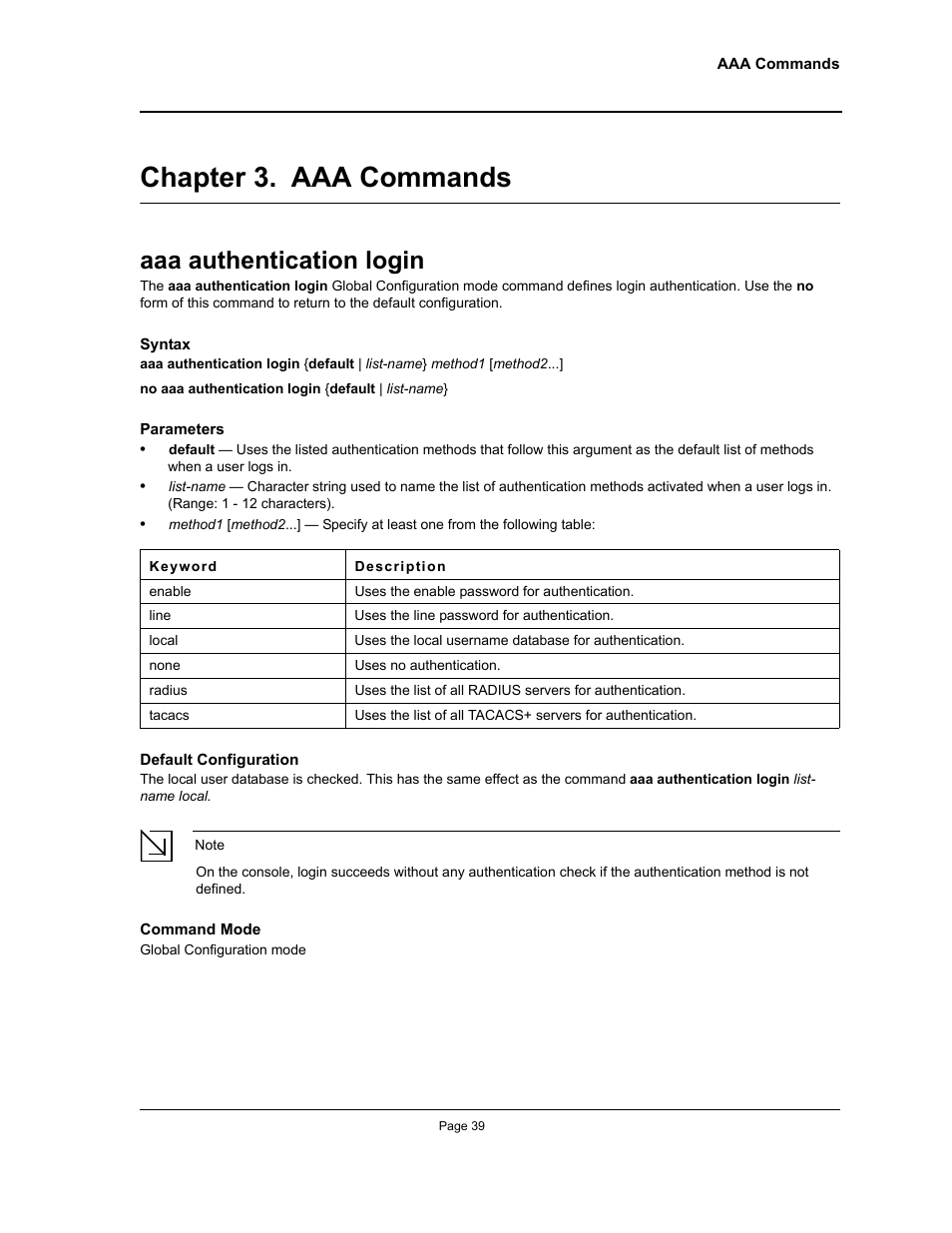 Chapter 3. aaa commands, Aaa authentication login, Chapter 3.aaa commands | Chapter 3. "aaa commands | Allied Telesis AT-S95 CLI User Manual | Page 39 / 392