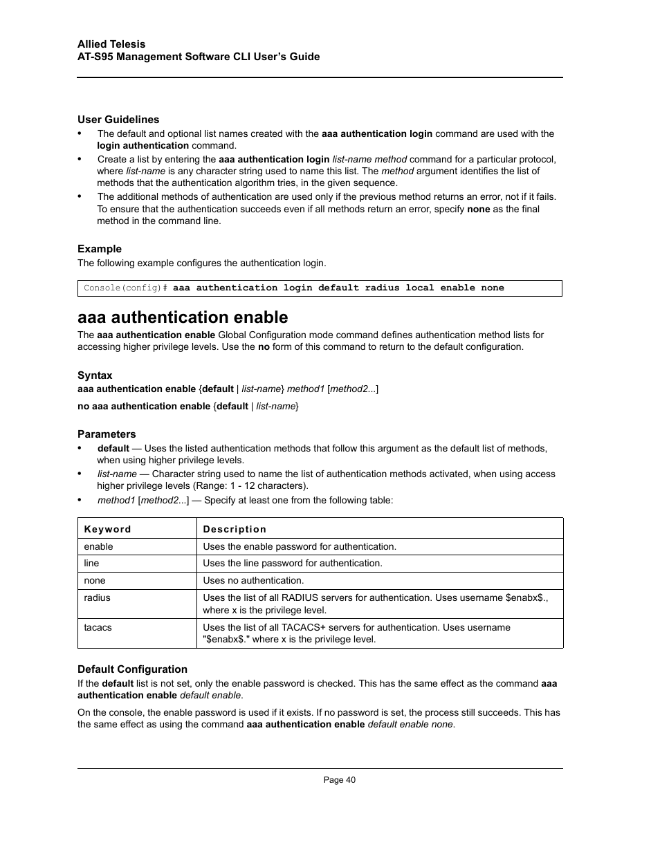 Aaa authentication enable | Allied Telesis AT-S95 CLI User Manual | Page 40 / 392