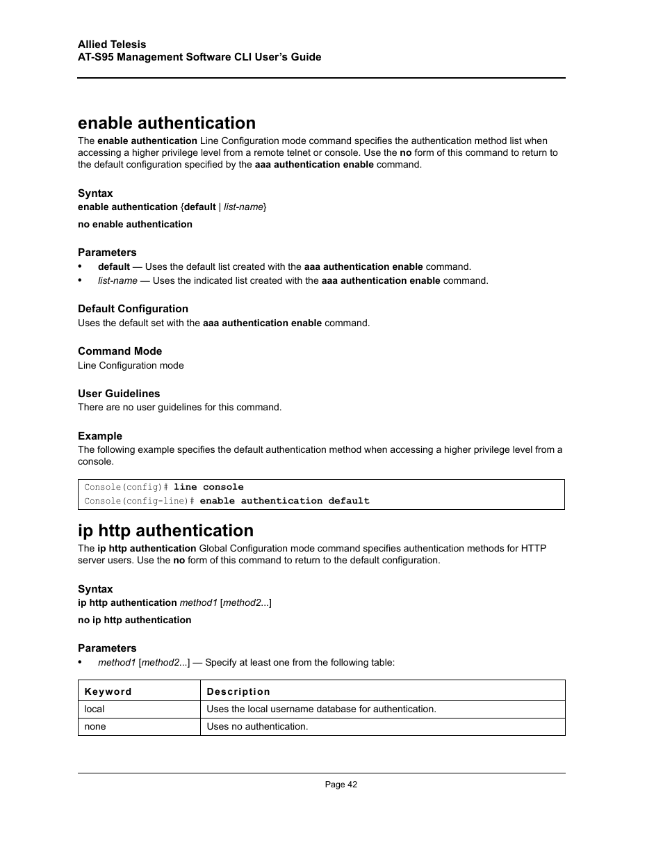 Enable authentication, Ip http authentication, Enable authentication ip http authentication | Allied Telesis AT-S95 CLI User Manual | Page 42 / 392