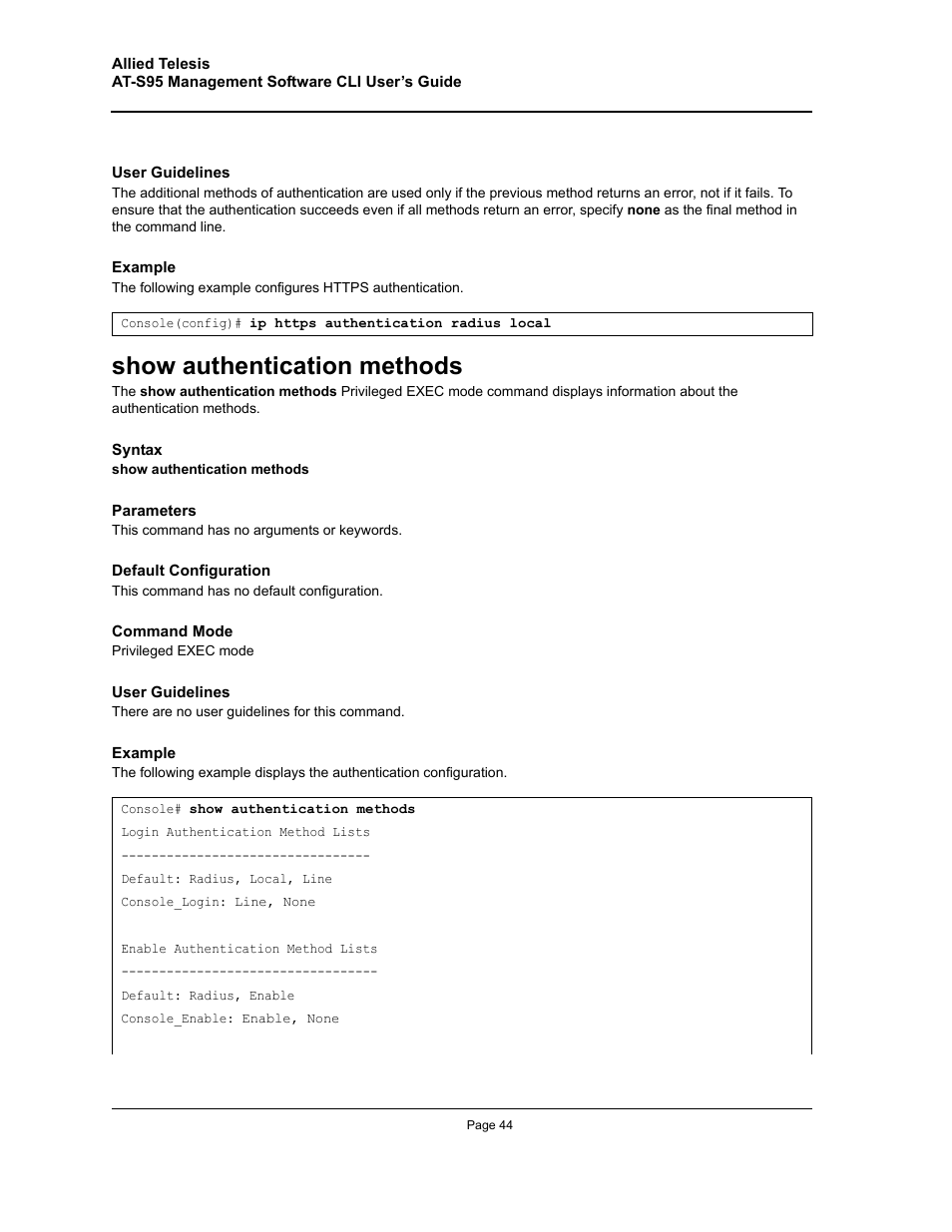Show authentication methods | Allied Telesis AT-S95 CLI User Manual | Page 44 / 392