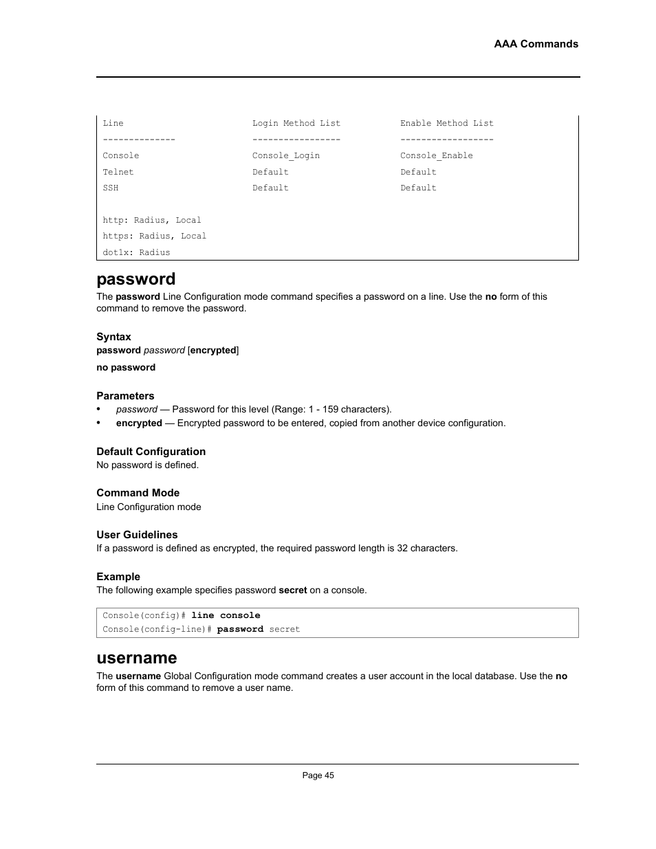 Password, Username, Password username | Allied Telesis AT-S95 CLI User Manual | Page 45 / 392