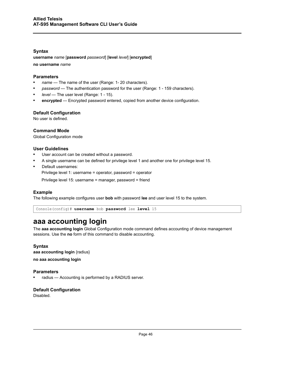 Aaa accounting login | Allied Telesis AT-S95 CLI User Manual | Page 46 / 392