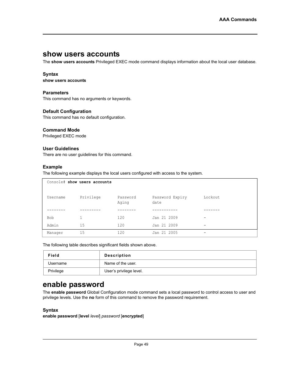 Show users accounts, Enable password, Show users accounts enable password | Allied Telesis AT-S95 CLI User Manual | Page 49 / 392