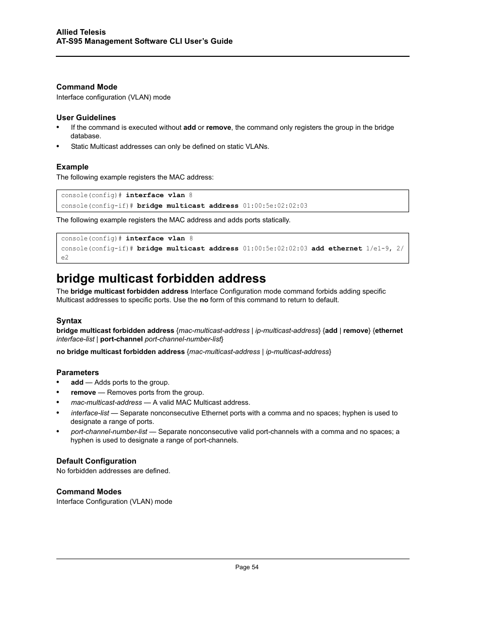 Bridge multicast forbidden address | Allied Telesis AT-S95 CLI User Manual | Page 54 / 392