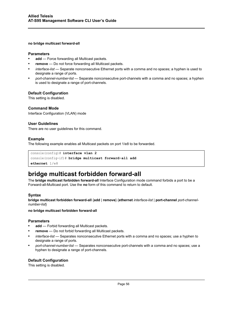 Bridge multicast forbidden forward-all | Allied Telesis AT-S95 CLI User Manual | Page 56 / 392