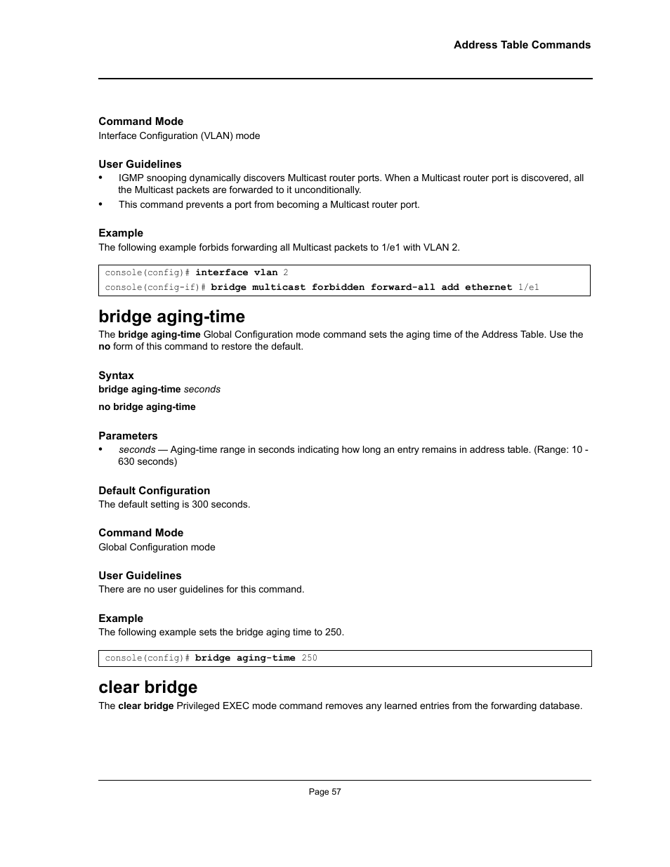 Bridge aging-time, Clear bridge, Bridge aging-time clear bridge | Allied Telesis AT-S95 CLI User Manual | Page 57 / 392