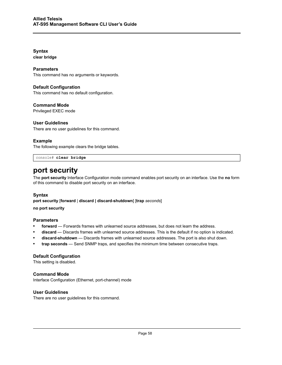 Port security | Allied Telesis AT-S95 CLI User Manual | Page 58 / 392