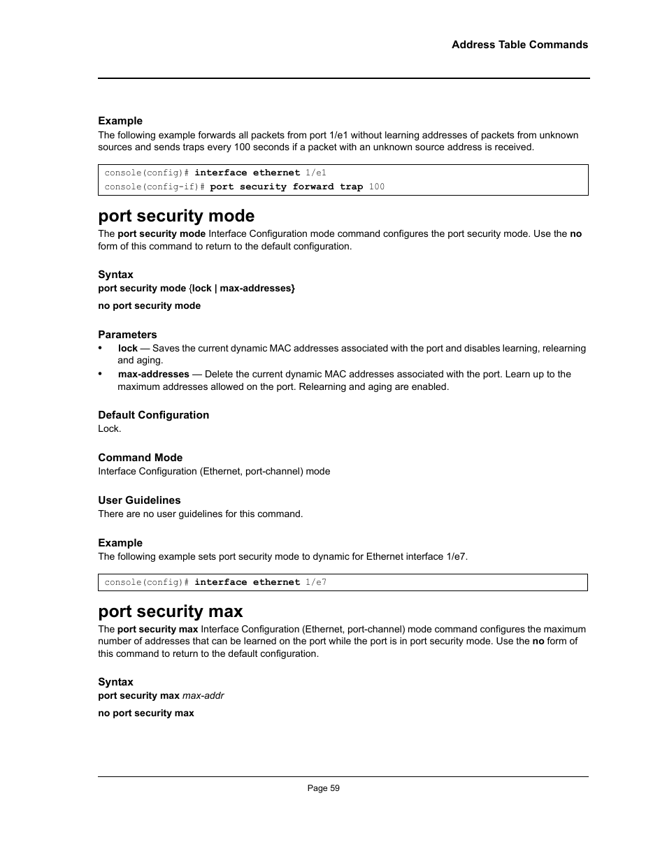 Port security mode, Port security max, Port security mode port security max | Allied Telesis AT-S95 CLI User Manual | Page 59 / 392