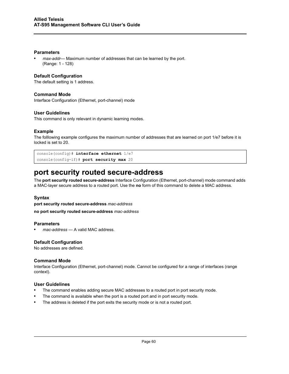 Port security routed secure-address | Allied Telesis AT-S95 CLI User Manual | Page 60 / 392