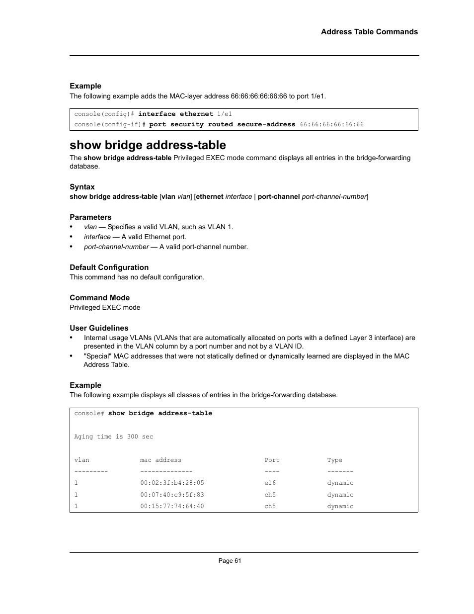 Show bridge address-table | Allied Telesis AT-S95 CLI User Manual | Page 61 / 392