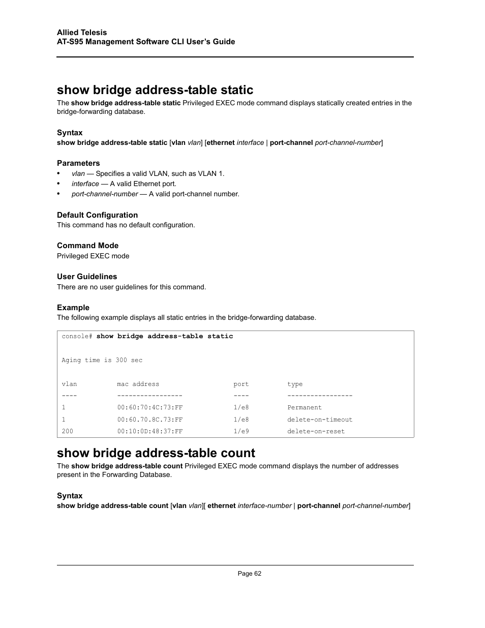 Show bridge address-table static, Show bridge address-table count | Allied Telesis AT-S95 CLI User Manual | Page 62 / 392